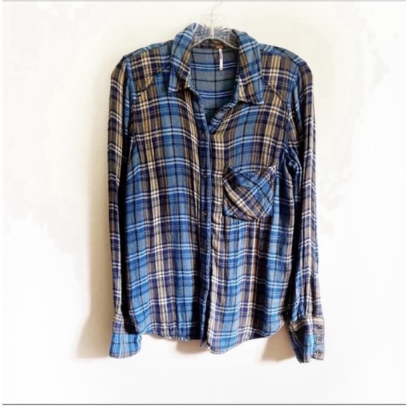 Free People Joplin shirt blue plaid button down flannel long sleeves - Picture 2 of 9